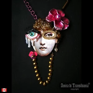 Art Deco Pendant Beautiful Woman Muse Necklace Pendant Chunky Portrait Flowers - Picture 1 of 24