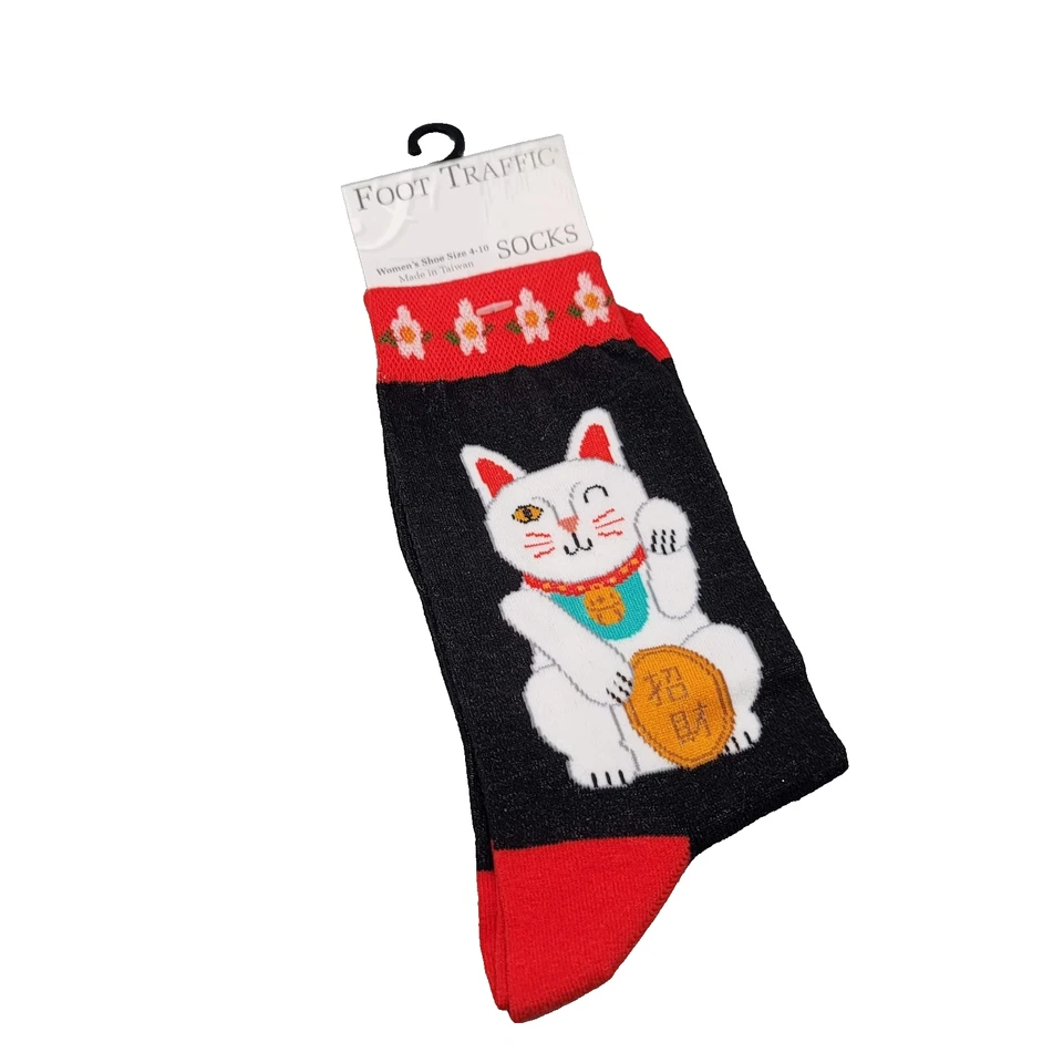 Calcetines Foot Traffic Mujer Zapato Talla 4-10 Negro Rojo Lucky Cat Maneki Neko Foto 1 de 4