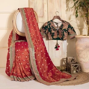 NEW SAREE BLOUSE NEW SARI INDIAN WEDDING DESIGNER BOLLYWOOD PAKISTANI PARTY WEAR - Picture 1 of 6