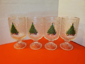 Vintage Indiana Glass Ice Bark Crystal 4 Christmas Tree Glasses 13oz Goblets - Picture 1 of 4