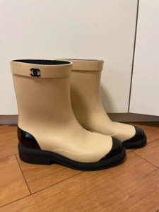 Chanel Camelia Rain Boots EU Size 38 Beige Rubber Boots Womens Auth US 8 #3205 - Picture 1 of 6