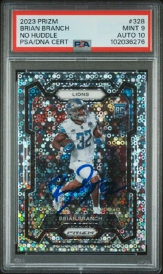 BRIAN BRANCH SIGNED 2023 PANINI NO HUDDLE PRIZM #328 RC PSA 9 AUTO 10 - Image 1 of 2
