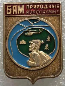 VINTAGE SOVIET PIN BADGE BAM BAIKAL-AMUR MAINSTRAL NATURAL RESOURCES USSR - Picture 1 of 2