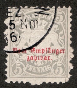 1876 German Bavaria Sc #J5 - 5 Pfennig, Used Postage Due stamp. Cv$17 - Picture 1 of 1