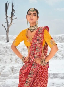 Red Bandhej Embroidered Pure Georgette Saree, Mirror, Moti & Cut Dana Work, Sari - Picture 1 of 10