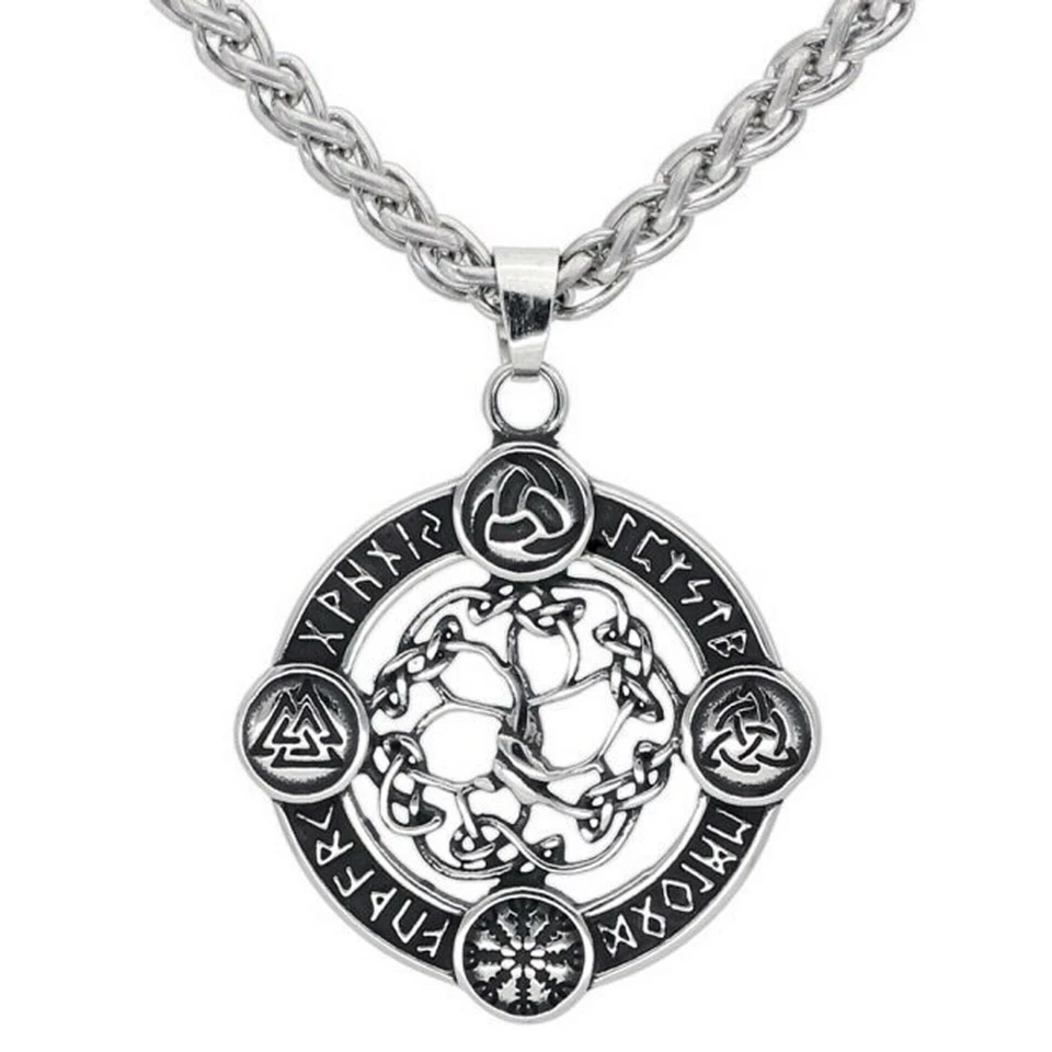 Viking Yggdrasil Necklace Stainless Steel Trinity Vegvisir Valknut Pendant - Image 1 of 1