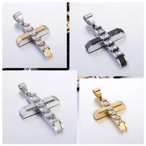 Colgante de acero inoxidable con cruz negra y plata tallada en oro para hombre con estrás transparente - Imagen 1 de 9