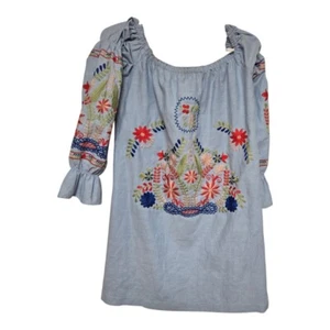 Ellison tunic blouse size medium blue off shoulder floral embroidered... - Picture 1 of 13
