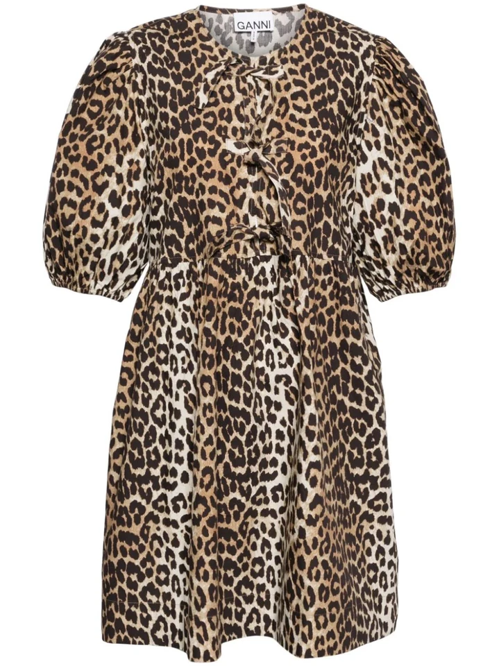 GANNI Brown Organic Cotton Mini Dress with Leopard Print and Puff Sleeves - Image 1 of 4
