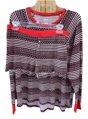 Aerie Two Piece Pajama Set Maroon White Red Thumb Slit Shorts L Thermal Stretch - Imagem 1 de 4