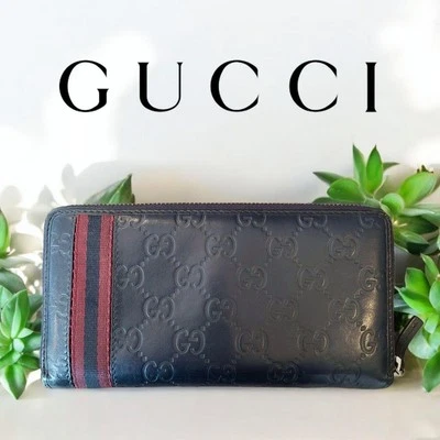 Cartera Larga Gucci Cremallera Alrededor GG Rayas Azul Marino Jerez Excelente Regalo Envío Gratis Foto 1 de 4