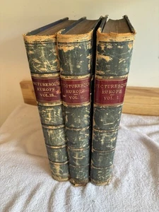 PICTURESQUE EUROPE, 3 hc FULL LEATHER Books 1800's ILLUSTRATED Steel Prints - Picture 1 of 24
