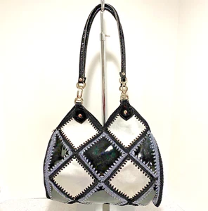Granny Chic Crochet & Patent Shoulder Bag Purse Black Silvery Gray Vintage Chic - Picture 1 of 10
