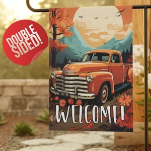 Garden Welcome Flag, Classic Truck, Retro, Vintage, Sunset, Gift for Her Home - Picture 1 of 13