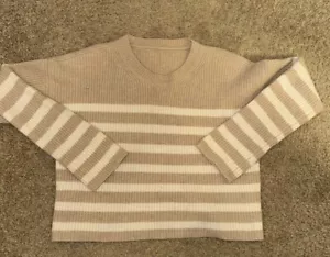 100% Kaschmir Damen Pullover Streifen Hellbraun & Creme - Bild 1 von 4