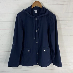 Chico's Zenergy Womens Roll Tab Sleeve Hoodie Jacket Sz 12/14 Blue Snap Front - Picture 1 of 9