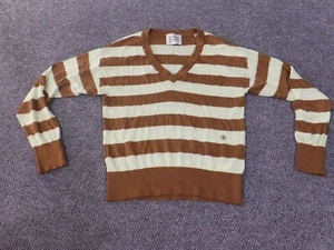 Scotch Soda Sweater women small Green striped brown pullover v-neck viscose - Picture 1 of 12