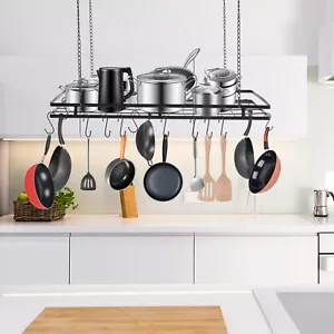 Modern Hanging Pot Holder Pan Hanger Kitchen Ceiling Rack with 12 Hooks Black - Picture 1 of 20