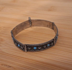 Vintage Silberfarben Panel Armband Filigran Design Türkis Farbsteine 6 1/2 - Bild 1 von 11