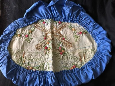 Beautifully Hand Embroidered 1930s Cushion Cover Windmill Swan Flower Knots - Image 1 of 4