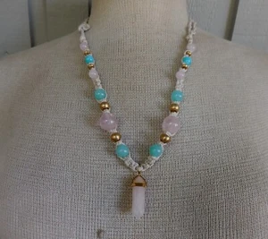 Rose Quartz Double Terminated Point Adjustable Hemp Necklace w/ Quartzite Beads - Picture 1 of 8