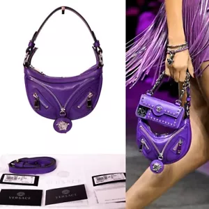 NEW VERSACE $1650 Purple Leather RUNWAY REPEAT MINI HOBO BAG & CROSSBODY STRAP - Picture 1 of 24