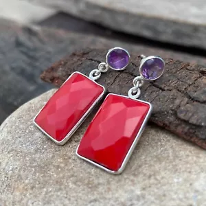Dainty 925 Sterling Silver Purple Amethyst Red Coral Faceted Charm Earring - Picture 1 of 7