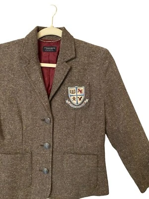 American Eagle Tweed Schoolboy Blazer Embroidered Crest Preppy READ Women’s Sz S - Image 1 of 4