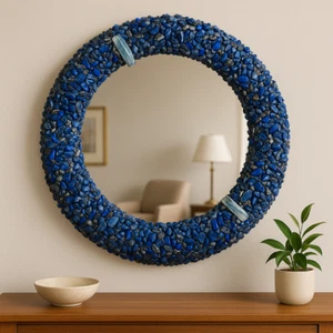 Handmade 18-Inch Lapis Lazuli Crystal Mirror – Round Blue Stone Luxury Decor - Picture 1 of 8