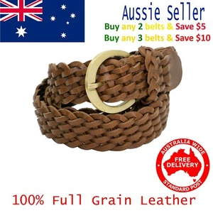 New 32mm Full Grain Unisex Braided Black Brown Tan Plaited Real Leather Belt - Picture 1 of 19