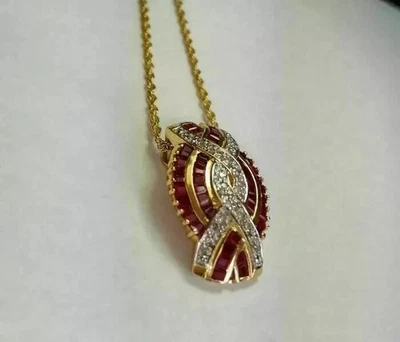 2Ct Lab Created Baguette Cut Ruby & Diamond Pendant 14k Yellow Gold Plated - Image 1 of 4