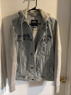 Hollister Denim Distressed Hooded Jean Jacket Men's Epic Flex Hoodie Size Medium - Image 1 of 4
