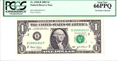 2003 $1 FRN PCGS Gem New 66PPQ Fancy TRUE 0/1 BINARY Serial #B10001011F - Image 1 of 2