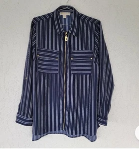 Michael by Michael Kors Striped Blouse Full Zip Navy White Woman XL - Picture 1 of 5