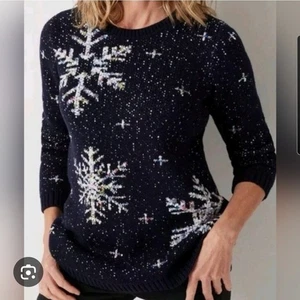 J. Jill Women's Tweeded Snowflake Sweater Navy Blue Multi-Color Flecks Size XL - Picture 1 of 6