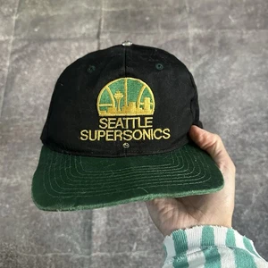 Men's Vintage 90's Seattle Supersonics Black Green Plain Logo Snapback Hat Cap - Picture 1 of 5