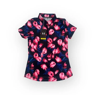 Under Armour 高尔夫 Polo 女式 XS Zinger Blur 短袖粉色修身花卉 — 第 1/4 张图片