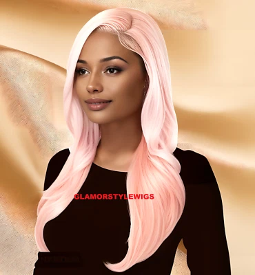 PELUCA COMPLETA DELANTERA DE ENCAJE 34"" PARTE GRATIS CAPAS LARGAS RECTAS BEBÉ ROSA MEZCLA CALOR OK Foto 1 de 2