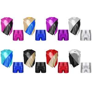 Kids Girls Set Shiny Suit Costume Outfit Metallic Color Block Stage Sleeveless - Picture 1 of 61