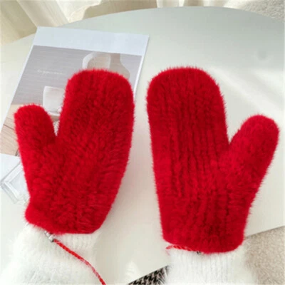 Women's Double Side Real Mink Fur Gloves Warm Knitted Elastic Mittens W String - Image 1 of 4
