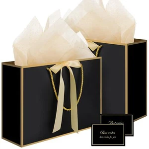 Black Gift Bags with Handles 14" Medium Gift Bags with Tissue Paper 2 Pcs Gif... - Picture 1 of 6