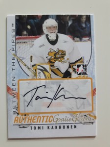 2007-08 ITG BETWEEN THE PIPES-TOMI KARHUNEN-AUTHENTIC GOALIE GRAPHICS-AUTOGRAPH!