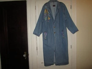 Vintage 1980's / 90's SUN BELT Hand-Painted Blue Denim Coat Long Duster Size M/L - Picture 1 of 6