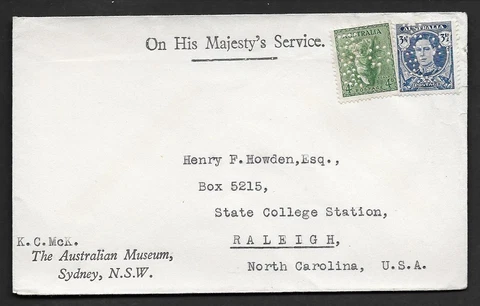 AUSTRALIA 1940's OHMS OFFICIAL PERFIN STAMPS OHMS COVER TO US RARE ON COVER Cover
