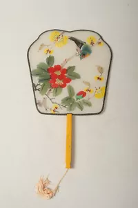 Ventilatore geisha giapponese asiatico vintage (E2R) uccellino e fiori manico bachelite dipinto a mano - Foto 1 di 6