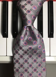 XMI for NORDSTROM / Dapper Pink & Blue Daisies on Seal Gray Italian Silk Tie - Picture 1 of 8