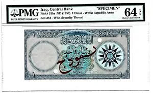 Iraq: Central Bank 1 Dinar ND (1959) Pick 53bs Specimen PMG Choice Unc. 64 EPQ - Picture 1 of 2