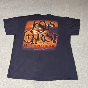 Vintage Jesus Tee Men’s T Shirt Size Large 33AD Double Sided Christian Black - Picture 1 of 7