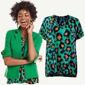 CAbi Rita V-Neck Blouse Women’s L Green Orange Leopard Print Oversized - Picture 1 of 11