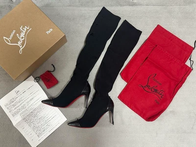 Christian Louboutin Souricette 85 Sock Boots Size 35.5 Black Leather Knit - Image 1 of 4